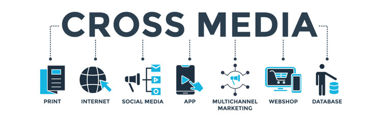 Fototapeta na wymiar Cross media banner web icon vector illustration concept with icon of print, internet, social media, app, multichannel marketing, webshop, and database