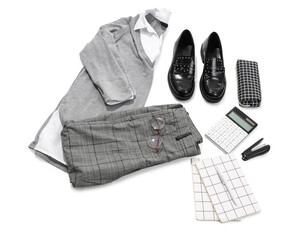 Composition with stylish school uniform, shoes and stationery on white background