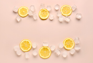 Frame made of lemon slices with ice cubes on beige background