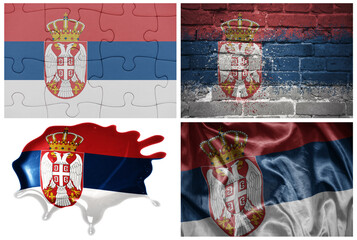 national colorful realistic flag of serbia in different styles and with different textures on the white background.collage