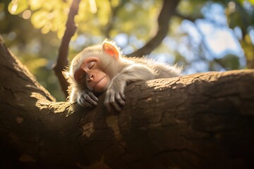 Cute Rhesus macaque monkey sleeping on a tree