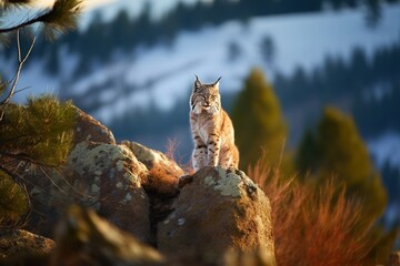 Iberian Lynx Pardinus posing on top of rock in Sierra de Alcaraz, Spain - obrazy, fototapety, plakaty