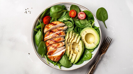 Chicken, avocado, tomato, spinach salad, flatlay. Generative AI