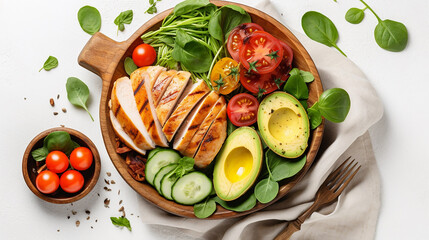 Chicken, avocado, tomato, spinach salad, top view. Generative AI
