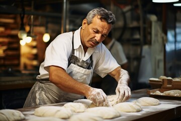 old baker kneading dough and baking bread in a bakery kitchen restaurant. flour on the table and chefs hands. Generative AI