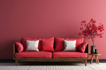 Red sofa with white and red pillows near plant in room.