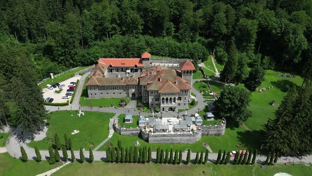 Aerial view of Cantacuzino Castle in Busteni, Romania.