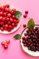 Plates with sweet cherries and leaves on pink background