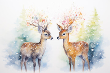 Two deer fawn with decorative antlers facing each other