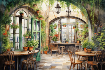 Fototapeta na wymiar Interior of a cafe restaurant with tables plants and arches