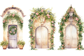 Fototapeta na wymiar Three arched doorways covered with plants and flowers isolated on a white background