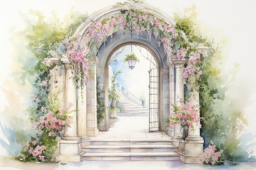 Exterior of an arched doorway with open doors covered in plants and flowers