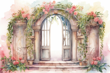 Fototapeta na wymiar Exterior of an arched doorway with open doors covered in plants and flowers