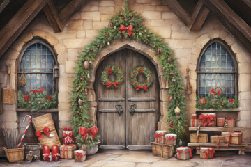 Fototapeta na wymiar Exterior of a cobblestone house decorated with Christmas wreaths