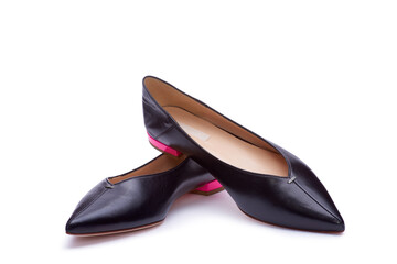 A pair of elegant pointed-toe black shoes with pink low heel isolated on the white background.  A modern and fashionable shoe store. Selling shoes