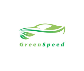 Green Speed logo  Green leaf and car sign. Environment protection transport symbol.