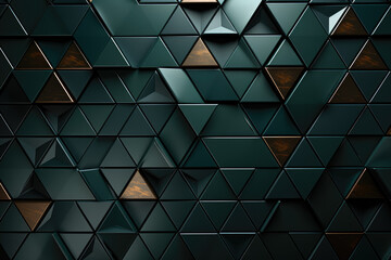 Abstract dark green mosaic tile wallpaper with triangular and geometric fluted triangles, creating a textured background banner. Generative Ai.