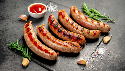 grilled sausages with spices on a stone background