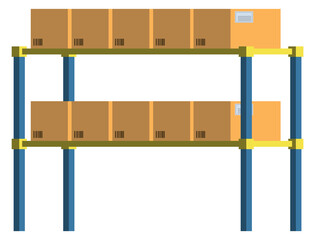 Cartoon warehouse shelves with cargo boxes. Cardboard containers