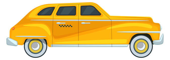 Yellow retro car with checkered pattern. Cartoon taxi side view - obrazy, fototapety, plakaty