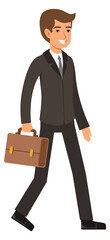 Businessman going to work meeting. Cartoon man in suit with briefcase