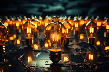 Creative thinking and problem-solving concept represented by a glowing lightbulb among shut down light bulbs in a dark area, with copy space for outstanding ideas and solutions. Generative Ai.