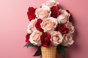 Waffle cone with a red rose flower, placed on a pink background. Presented as a flat-laid floral background with a top view, conveying a summer concept. Generative Ai.