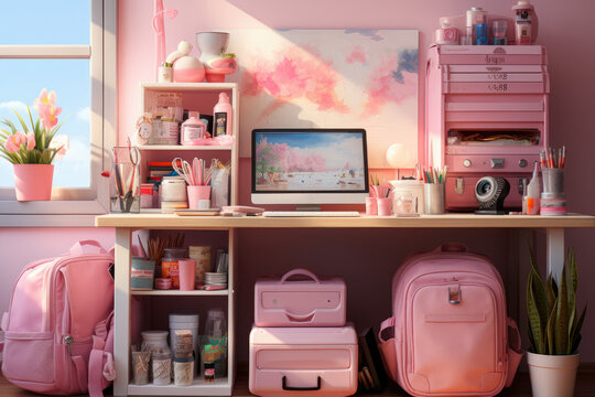 Creative representation of office and school equipment painted in pastel pink color, featuring a collection of graffiti pencils leaning on a wall. Generative Ai.