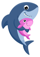 Happy shark with baby. Cute cartoon sea animal