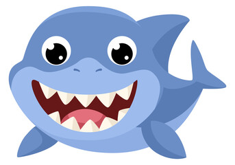 Cartoon shark with sharp teeth. Happy wide open mouth animal