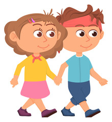Boy and girl walking together. Cartoon children hold hands