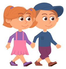 Kids hold hands and walking. Cartoon boy and girl