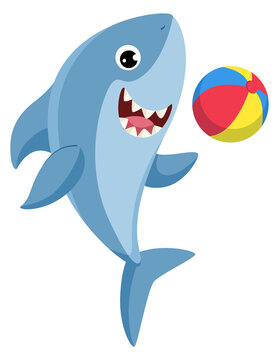 Shark playing with beach ball. Funny cartoon animal