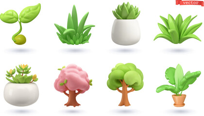 Plant shoot, potted houseplant, tree, grass, 3d vector cartoon icon set - 620341381