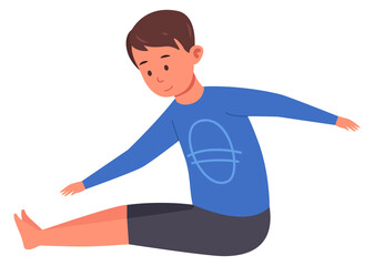 Boy stretching. Fitness exrecise. Training kid character