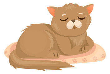 Sleeping cat character. Cute fluffy cartoon pet