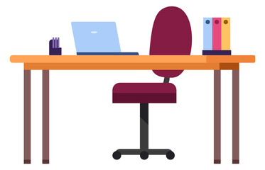 Working place. Office chair and desk with laptop. Remote workplace