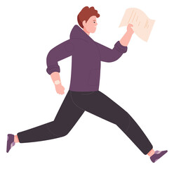 Young man running with paper document. Working rush