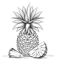 Pineapple sketch. Hand drawn tropical whole fruit and pieces