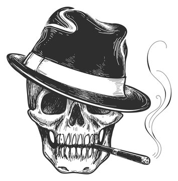 Smoking skull in fedora. Hnad drawn retro sketch