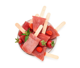 Plate with sweet strawberry ice-cream popsicles on white background
