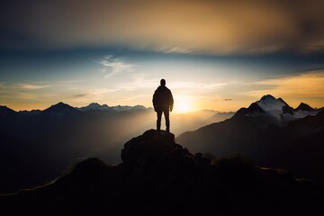 Man silhouette standing at top of the mountain admiring stunning sunrise