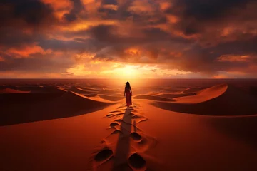 Papier Peint photo Lavable Rouge violet Woman in dress walking alone in the dessert under stunning sunset view