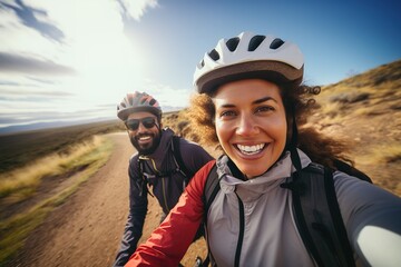 Selfie of happy couple of cyclists having fun riding in rural area - obrazy, fototapety, plakaty