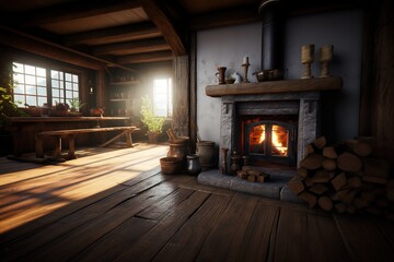 Rustic wooden fireplace in cozy warm cabin