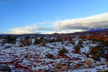 Colorful sandstone rock formations with a dusting of snow at Capitol Reef National Park, Utah, USA