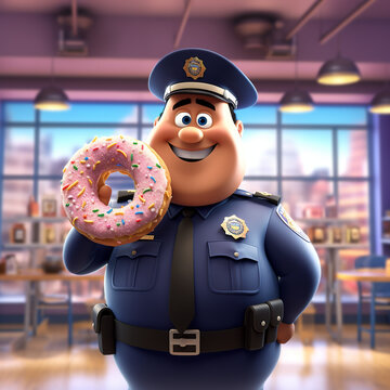 3d cartoon police officer holding a donut with sprinkles 