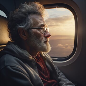 A pensive, older man, in a passenger airplane, outside the sun is setting. AI-generated image.