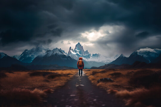 Solo backpacker walking alone towards famous Patagonian destination called Mount Fitz Roy in El Chalten, Argentina