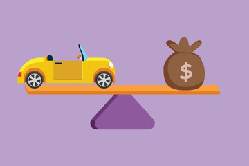Naklejka premium Character flat drawing stylized car, auto loan or transforming assets into cash concept, logo, icon. Car model, US dollar notes in jute bag on simple balance scale. Cartoon design vector illustration